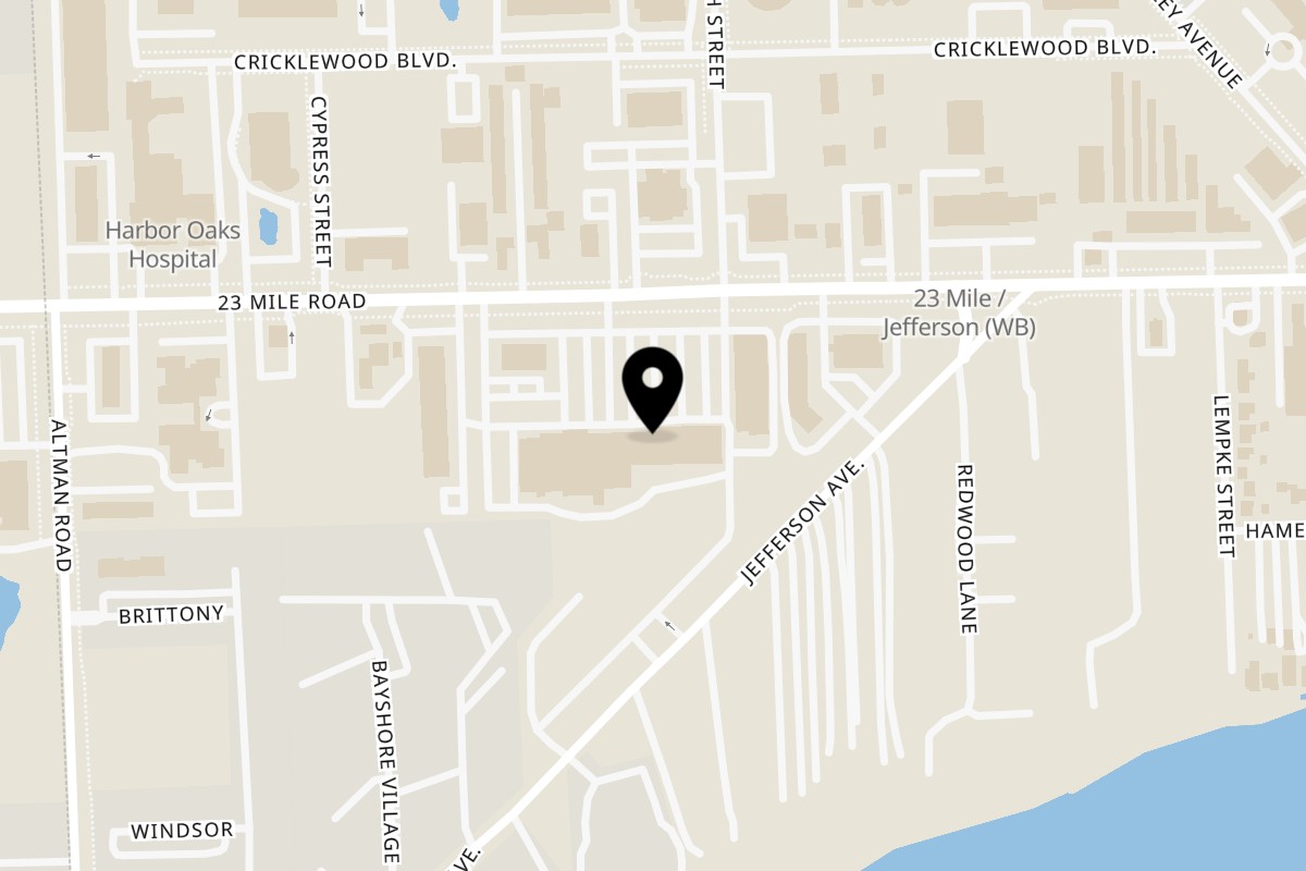Map showing the location of Bayside Dimitri's Family Dining on 35256 23 Mile Rd in New Baltimore